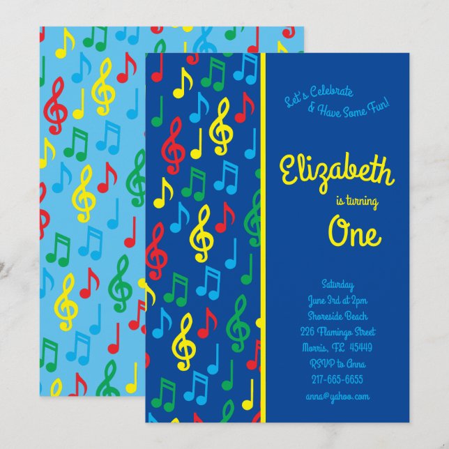 Music Notes Cute Kids 1st Birthday Party Invitation (Front/Back)