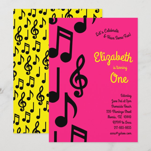 Music Notes Cute Kids 1st Birthday Party Pink Invitation (Front/Back)