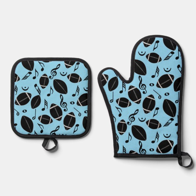 Music Notes Footballs Oven Mitt & Pot Holder Set (Front)