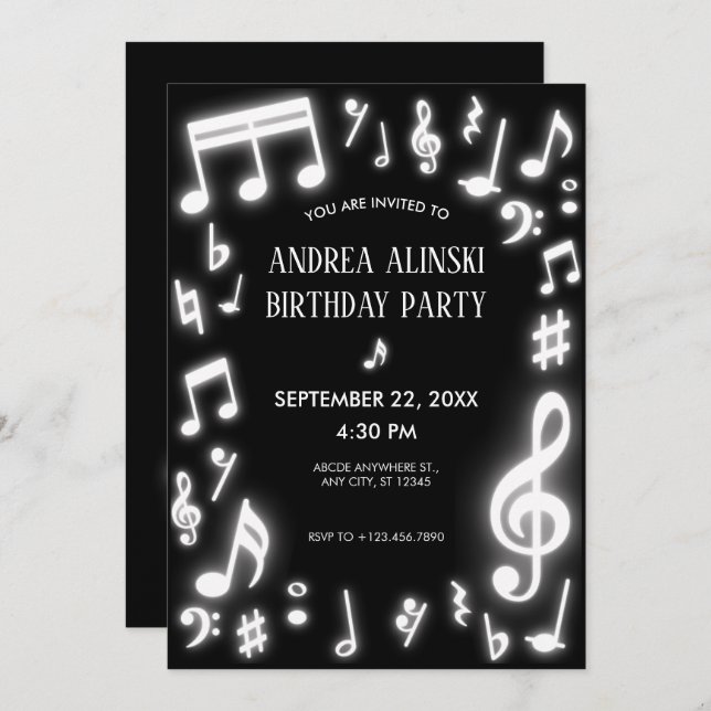 Music notes glow in the dark birthday invitation (Front/Back)