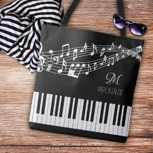 Music Notes Keyboard Name Monogram Custom Colour Tote Bag