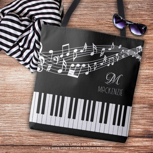 Music Notes Keyboard Name Monogram Custom Colour Tote Bag (Creator Uploaded)