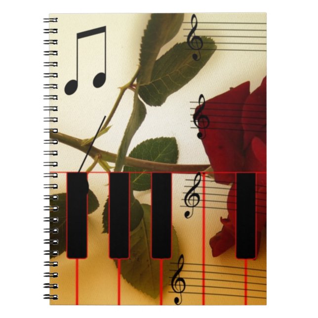 Music Notes Keyboard Red Rose Blossom Destiny Notebook (Front)
