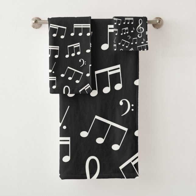 Music Notes Pattern in Black and White Bath Towel Set (Insitu)