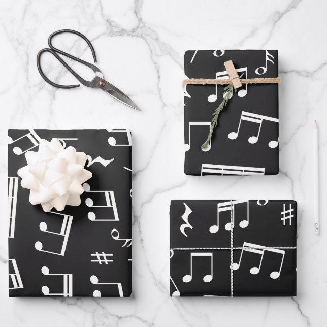 Music Notes Pattern in Black and White Wrapping Paper Sheet (Front)