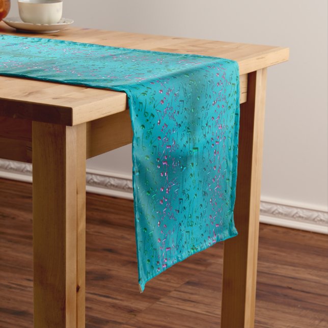 Music Notes Pattern in Teal and Purple Short Table Runner (In Situ)