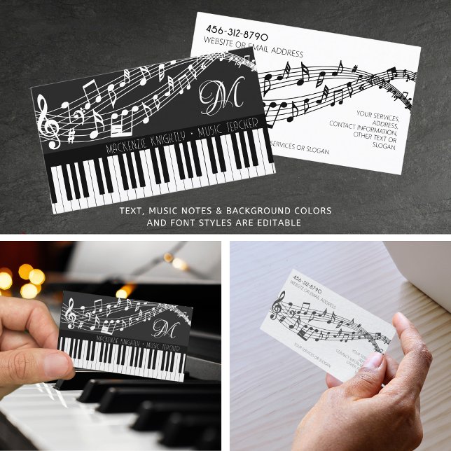 Music Notes Piano Monogram Custom Colour Business Card (Creator Uploaded)