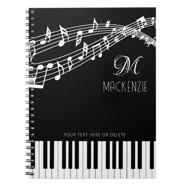 Music Notes Piano Monogram Name Notebook (Front)