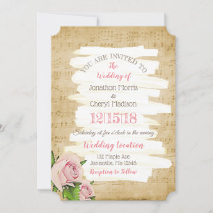 Music Notes & Pink Roses Floral Wedding Invitation