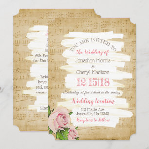 Music Notes & Pink Roses Floral Wedding Invitation