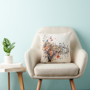 Music Notes Pretty Flowers Colourful Abstract  Cushion