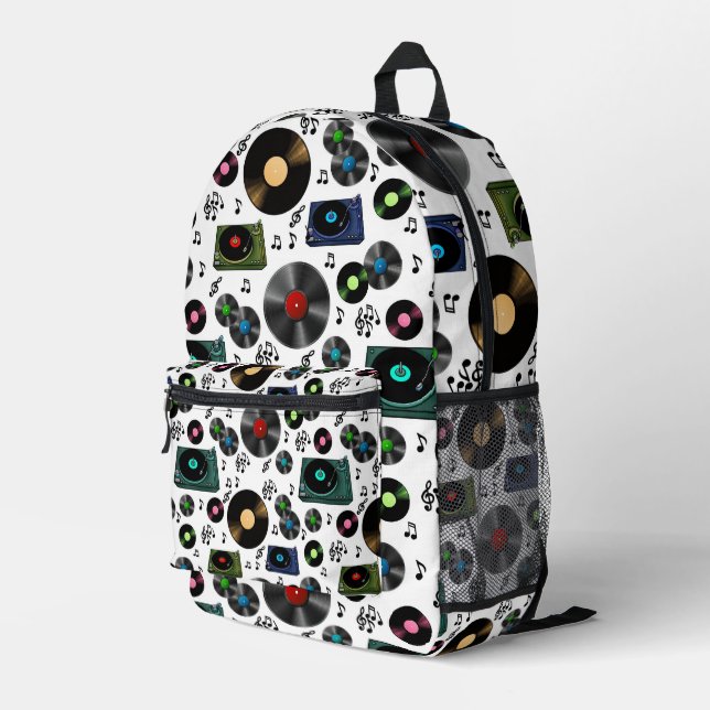 Music Notes, Record Albums and Player Printed Backpack (Back Corner Right)