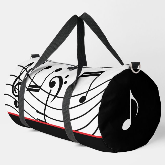 Music Notes Red White & Black Duffle Bag (Left Corner)