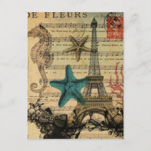 music notes seahorse starfish paris eiffel tower postcard