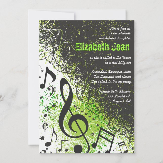 Music Notes Stars Bar Mitzvah Invite Neon Green2 (Front)