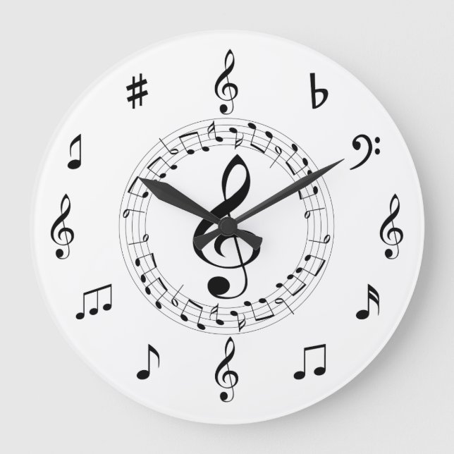 Music Notes, Stylish, Black and White Large Clock (Front)