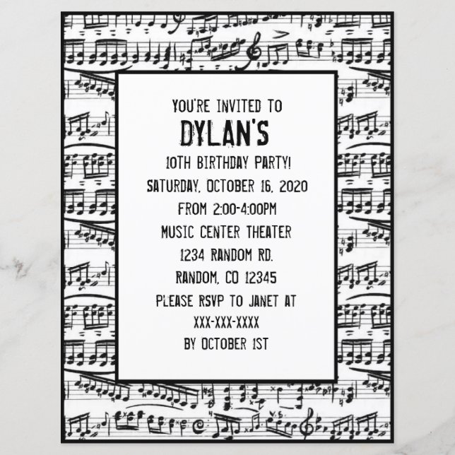 Music notes theme birthday party invitations (Front)