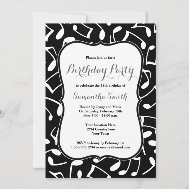 Music Notes Themed Birthday Party Invitation (Front)