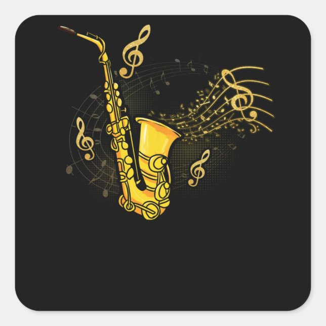 Music Notes Treble Clef Saxophonist Jazz Musician Square Sticker (Front)