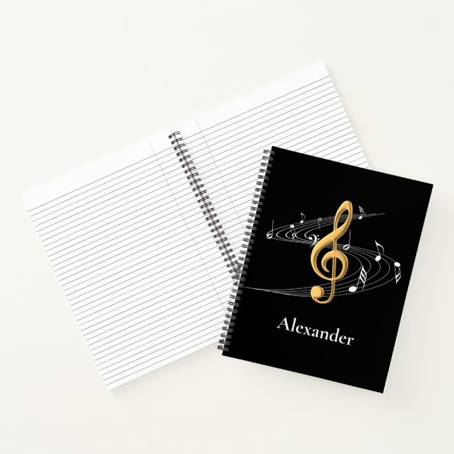 Music Notes Treble Clef Stylish Gold Black Notebook (Inside)