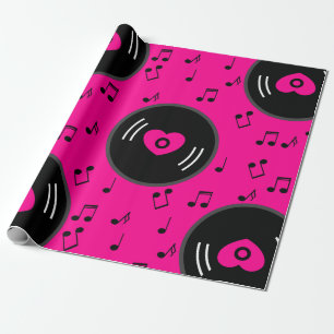 music notes vinyl record heart pink wrapping paper