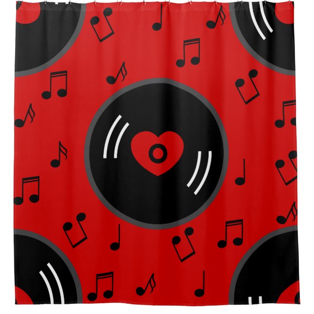 music notes vinyl record heart red shower curtain (Front)