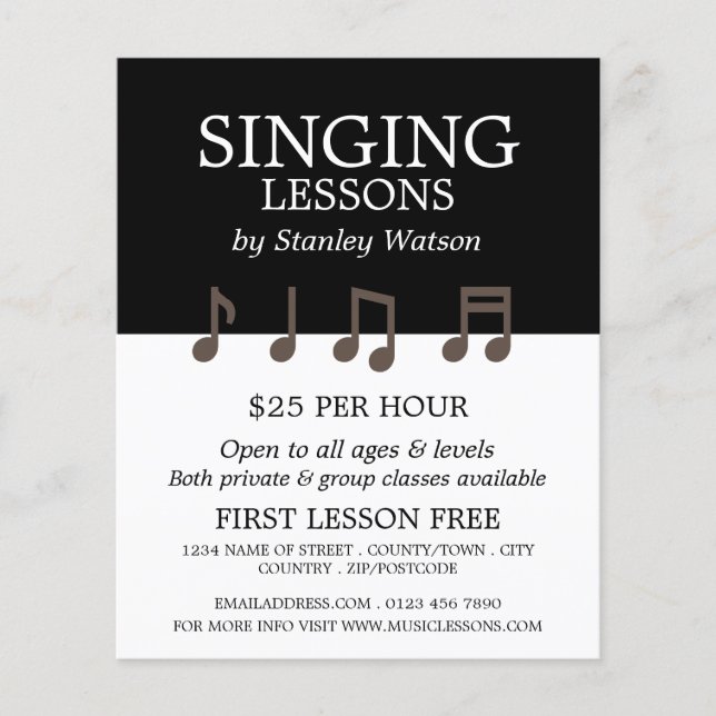 Music Notes, Vocalist Lessons Advertising Flyer (Front)
