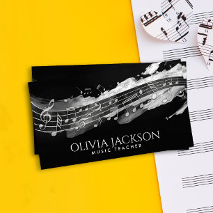 Music Notes Watercolor Flow -Black and white Business Card