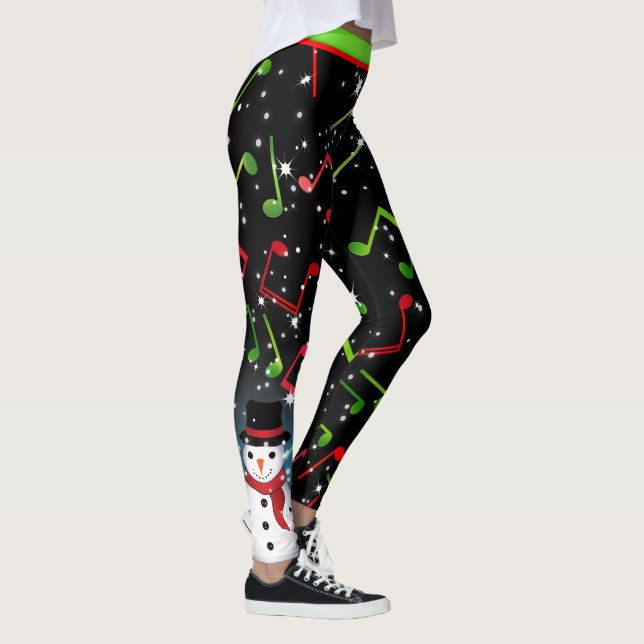 Music Notes with Snowman on BLACK Leggings (Right)
