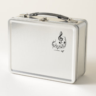 Music notes with treble clef on staff metal lunch box