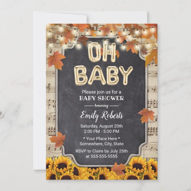 Music Oh Baby Shower Rustic Fall Leaves Sunflower Invitation (Front)