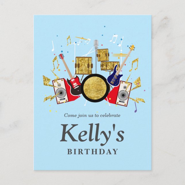 music party guitar drum set musical invitation postcard (Front)