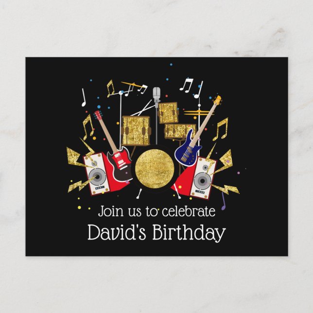 music party, guitar drum set musical invitation postcard (Front)
