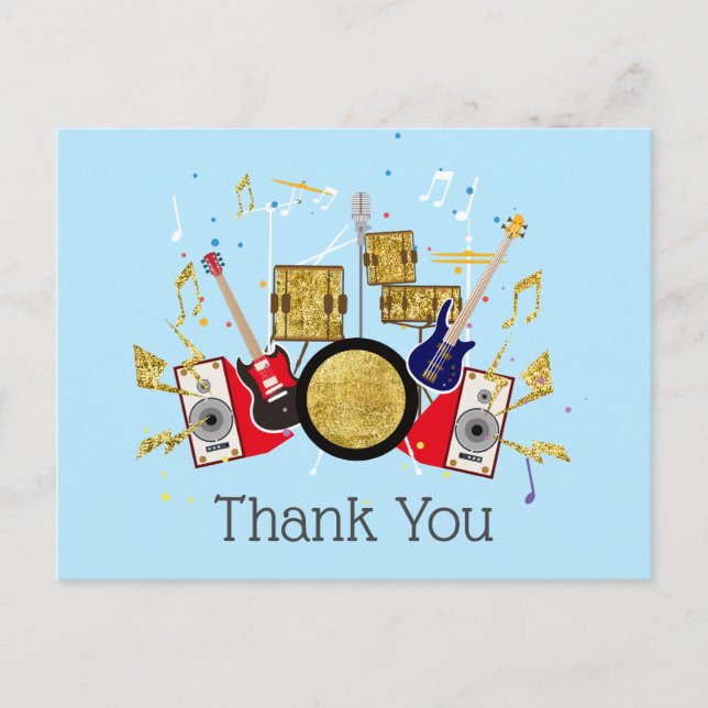 music party guitar drum set musical thank you card (Front)