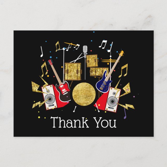 music party guitar drum set musical thank you card (Front)