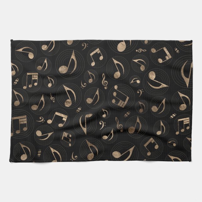 Music Pattern - Black and gold Tea Towel (Horizontal)