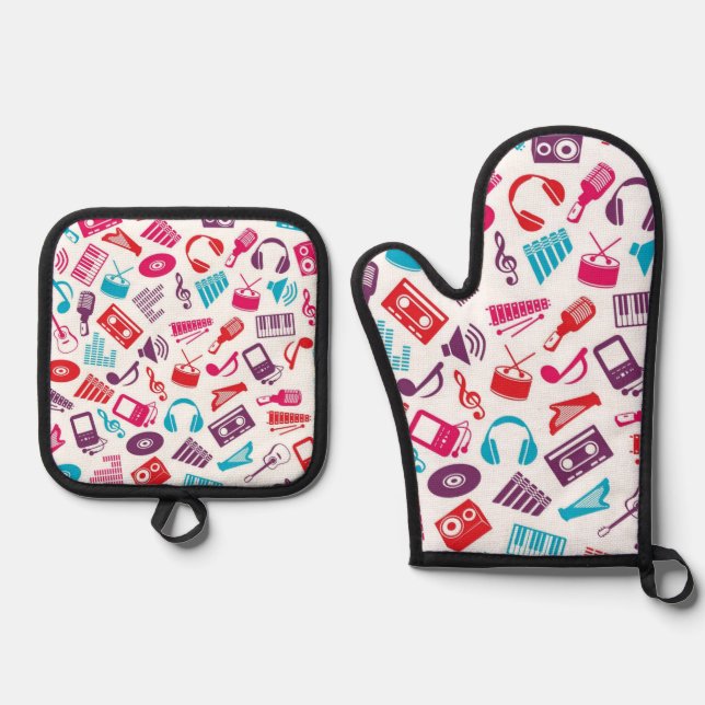Music pattern oven mitt & pot holder set (Front)
