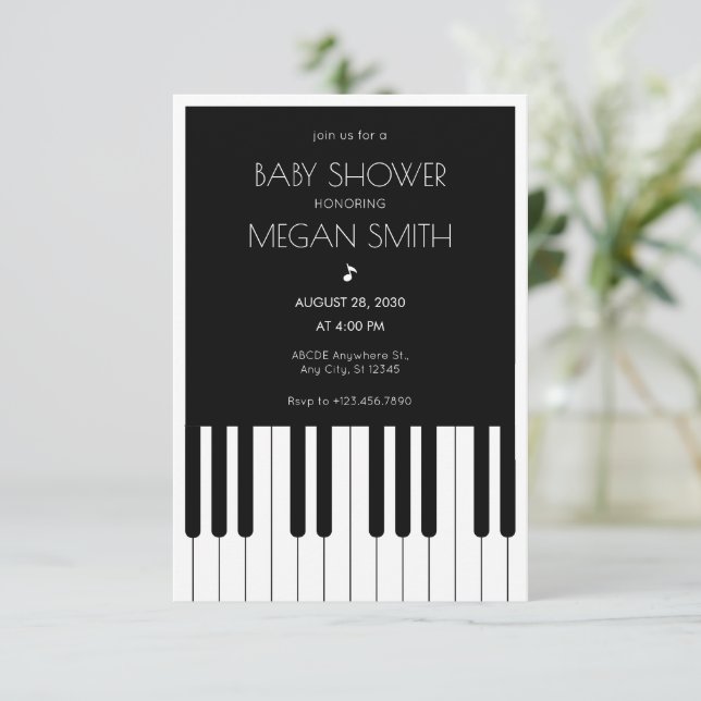 Music piano black and white baby shower invitation (Standing Front)