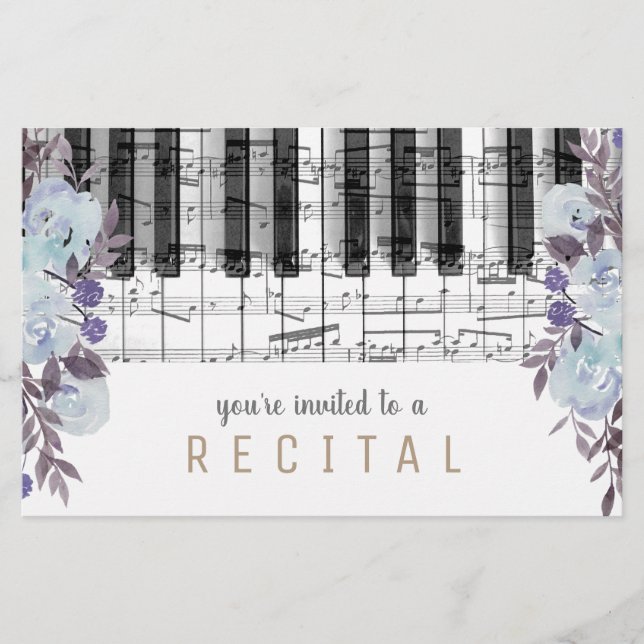 music piano blue watercolor flowers design flyer (Front)
