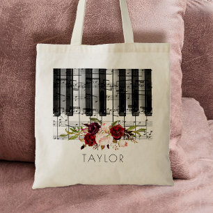 music piano burgundy floral name tote bag