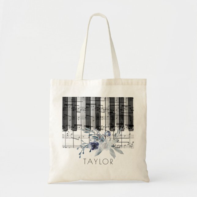 music piano dusty blue floral name tote bag (Front)