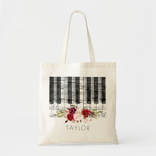 music piano marsala floral name tote bag (Front)