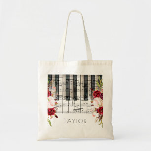music piano marsala flowers name tote bag