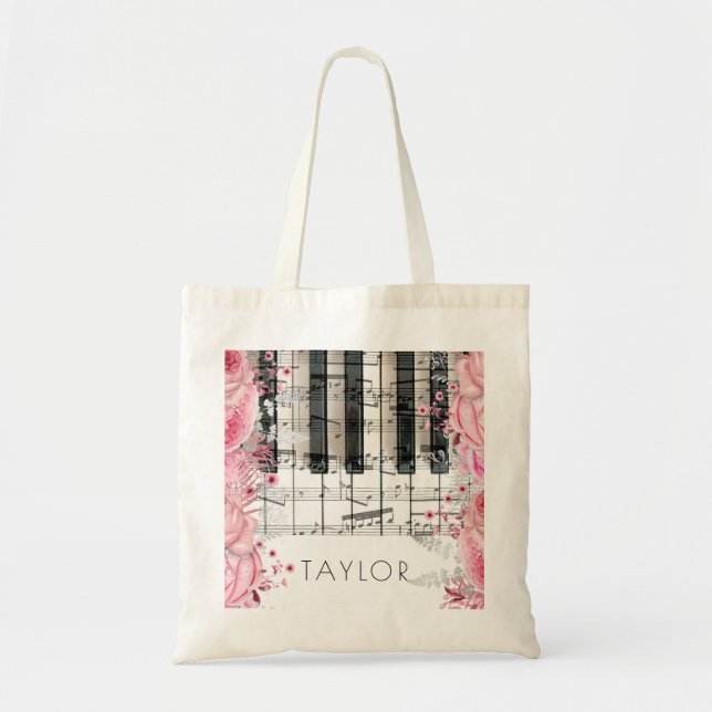 music piano pink flowers name tote bag (Front)