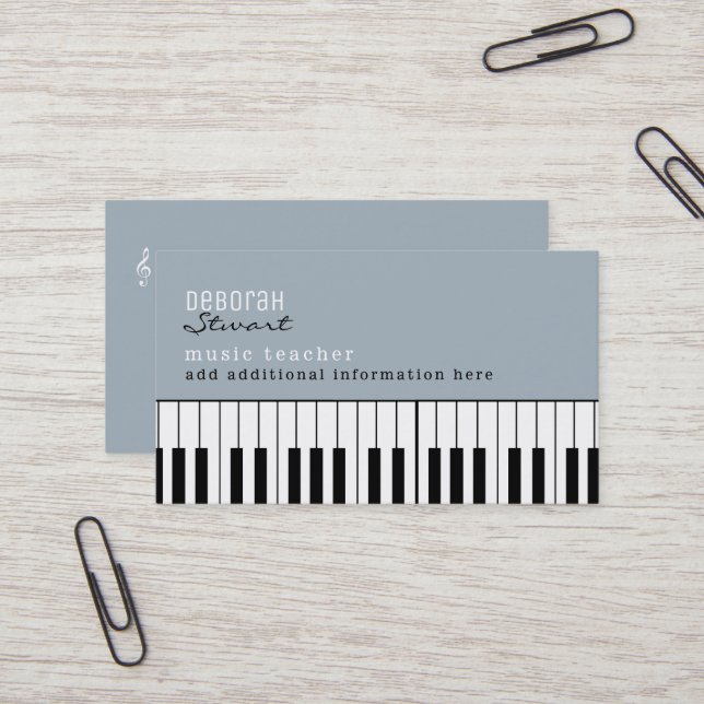 Music Piano Teacher Elegant Dusty Blue Business Card (Front/Back In Situ)