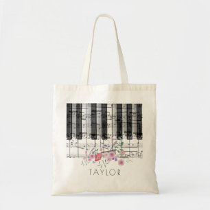 music piano wildflowers floral name tote bag