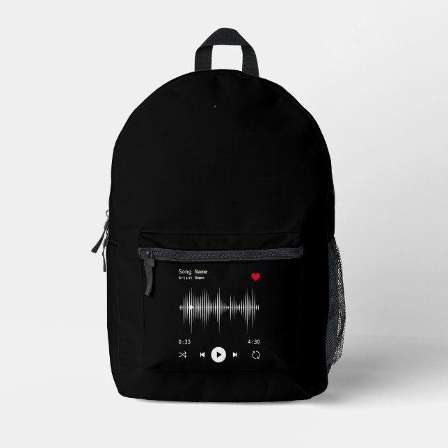 Music Player Artist and Song Personalised Black Printed Backpack (Front)