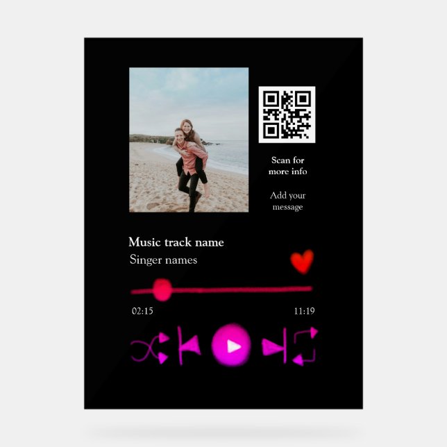 Music player personalised couple love q r code tex acrylic sign (Front)