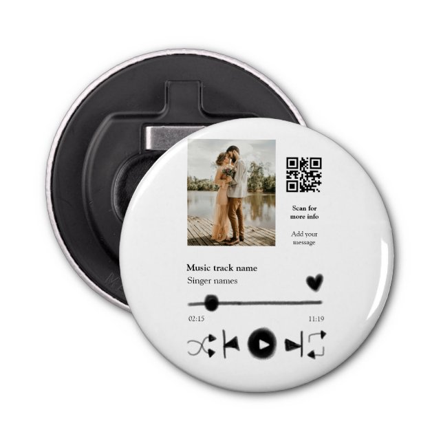 Music player personalised couple love q r code tex bottle opener (Front)