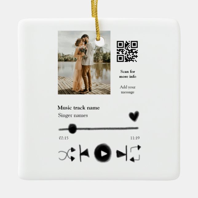 Music player personalised couple love q r code tex ceramic ornament (Front)